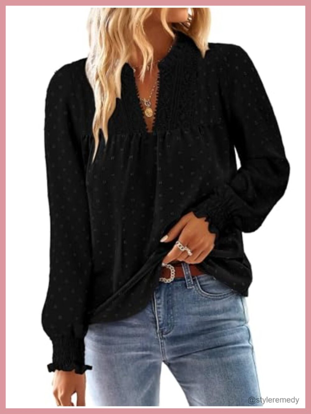Boho V Neck Long Sleeve Swiss Dot Tunic Blouse